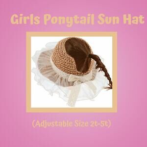Toddler Girl Straw Toddler Lace Beach Sun Protection Ponytail Hat Size 2T-5-T